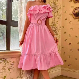 Pink Boho Womens Solid One Shoulder Ruffle Trim Belted Dress